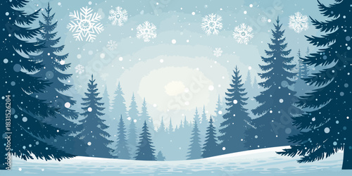 Vector christmas a snowy winter landscape with pine trees and falling snowflakes creating a serene atmosphere outdoors