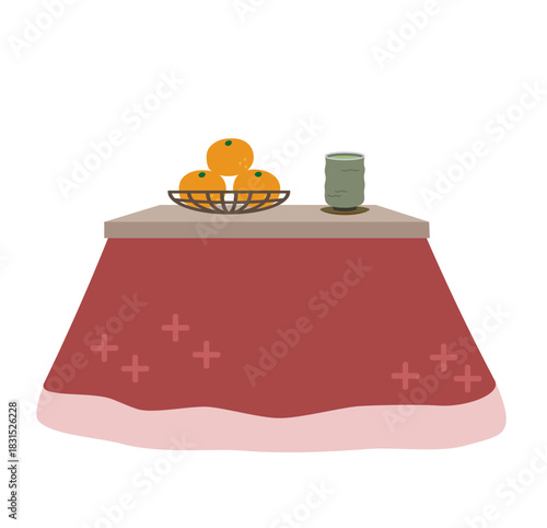 こたつのイラスト素材／みかんの籠と緑茶の湯呑付き・冬の風景