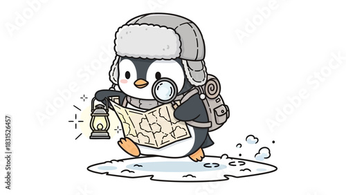 Penguin Explorer on a Journey: A cartoon penguin, bundled in winter gear, fearlessly embarks on a journey of discovery, carrying a lantern and map, full of determination and a spirit of adventure.