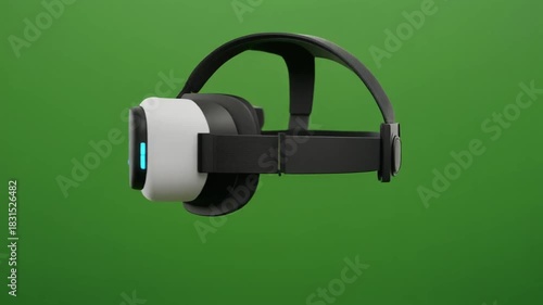 White and black VR headset with blue light on solid green background.