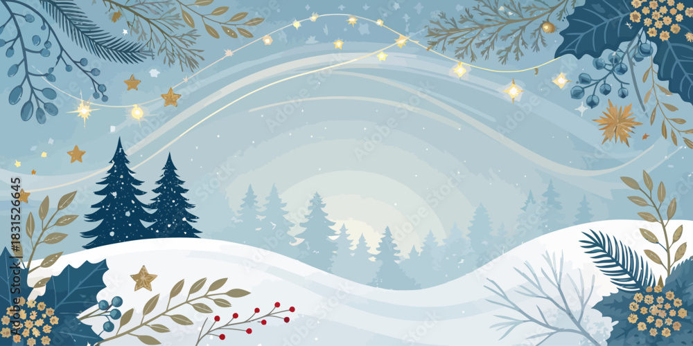 Naklejka premium Vector christmas winter scene with snow covered hills, pine trees, decorative branches and string lights in soft colors