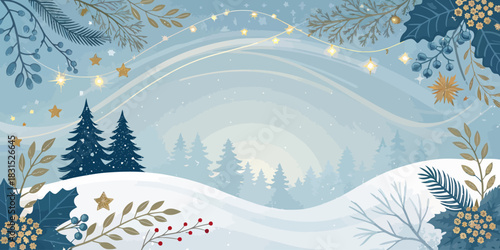 Vector christmas winter scene with snow covered hills, pine trees, decorative branches and string lights in soft colors