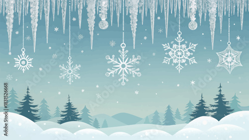 Vector christmas winter scene with icicles, snowflakes, pine trees and snow covered hills in a light blue color scheme