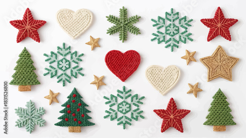 Vector christmas overhead shot of christmas ornaments including stars hearts snowflakes and christmas trees on white background
