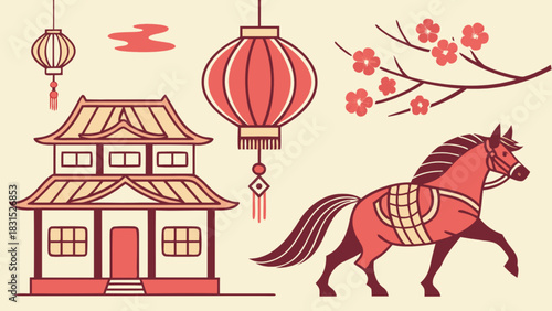 Traditional chinese new year celebration vector illustration with an elegant red horse, classic lanterns, a festive temple building, and delicate cherry blossoms, symbolizing prosperity and culture
