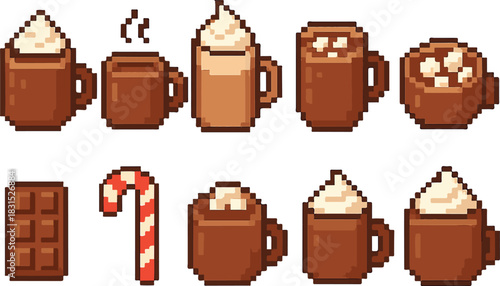 hot chocolate with pixel art, eps 10 illustration