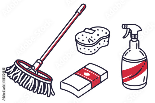 Cleaning Tools Isometric Line Art With Red Accents sponge spray bottle