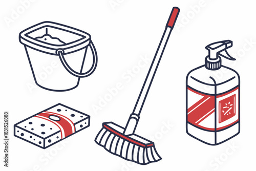Cleaning Supplies Isometric Line Art Icons With Red Accents bucket sponge