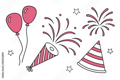 Pink Party Elements Line Art With Balloons and Confetti celebration party popper