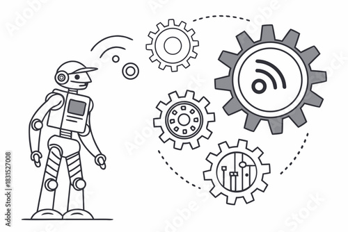 Robot Interacting with Gears and Wireless Signals Illustration cogwheels technology