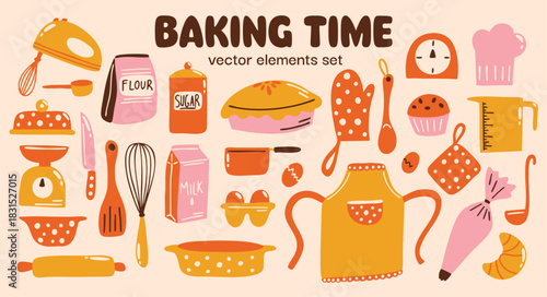 Baking time vector stickers elements set with cute cartoon retro colorful illustration of different kitchen cooking equipment, tools, whisk, rolling pin, spoon, apron for recipe books, culinary blogs