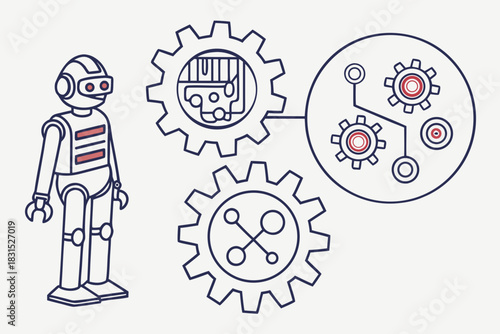 Robot Connected to Gears and Circuitry with Red Highlights automation cogwheels