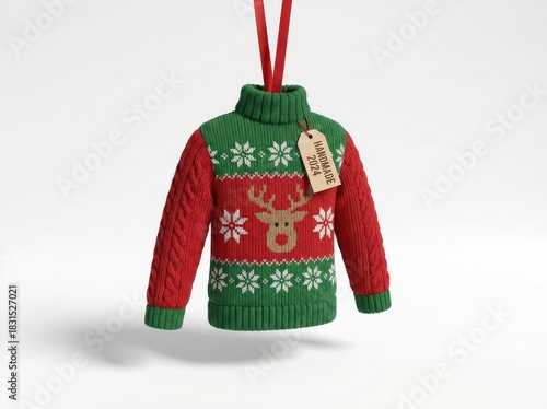 Festive Ugly Christmas Sweater Ornament with Reindeer Design.