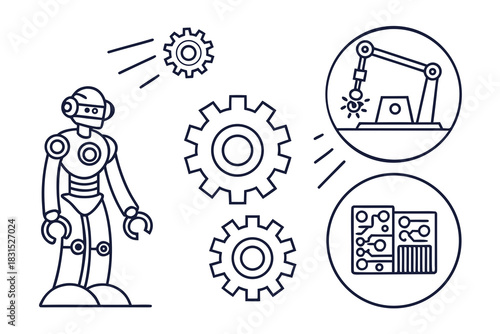 Robot and Industrial Automation Elements with Gears and Circuitry cogwheels industrial robot