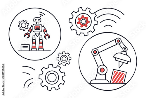Industrial Robots and Gears in Circular Frames with Red Accents robotic arm factory