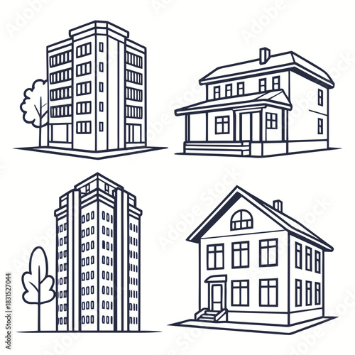 Outline Icons of Apartment Building and Traditional House Keywords: building, house, architecture