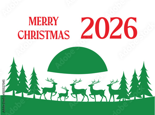 A minimalist Christmas-themed poster featuring a serene winter night scene in silhouette style. The composition includes pine trees, a reindeer, and a small cabin rendered in clean black shapes 2