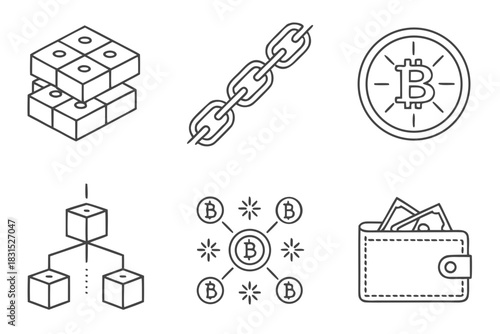 Bitcoin Blockchain Blocks Chain and Wallet Icons on White Keywords: bitcoin, blockchain