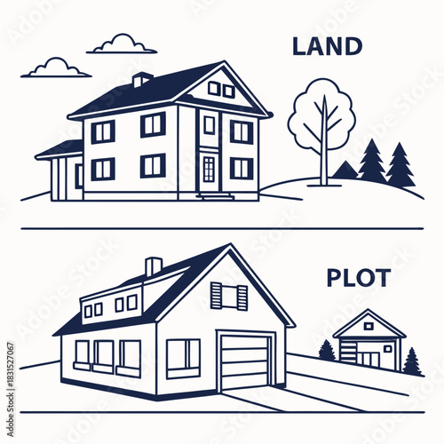 Two houses labeled ' Land' and ' Plot' with surrounding trees and clouds home building