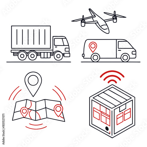 Delivery and logistics icons including truck, van, drone, map, and package shipping