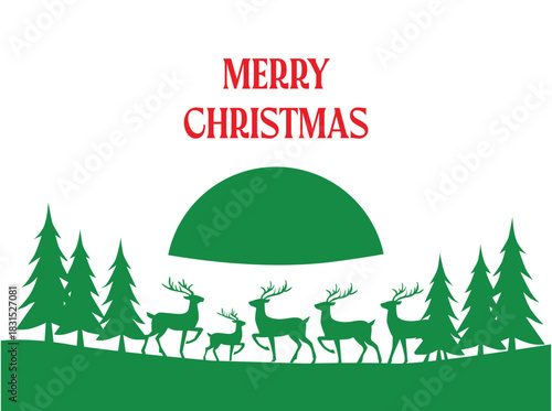 A minimalist Christmas-themed poster featuring a serene winter night scene in silhouette style. The composition includes pine trees, a reindeer, and a small cabin rendered in clean black shapes 1