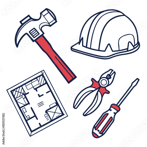 Construction tools and blueprint including hammer, pliers, screwdriver, and plan building