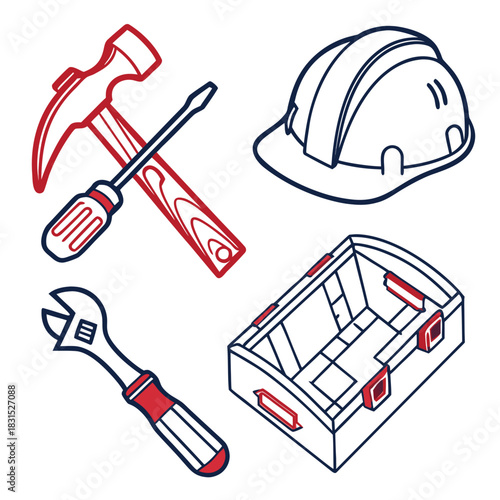 Construction Tools and Safety Gear Icons with Red and Blue Outline hammer screwdriver