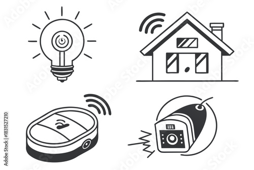 Smart Home Light Bulb House Remote Control and Security Camera Icons Keywords: smart home, technology