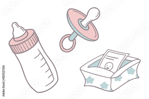 Baby Care Essentials Flat Illustration with Pacifier Bottle and Wipes white