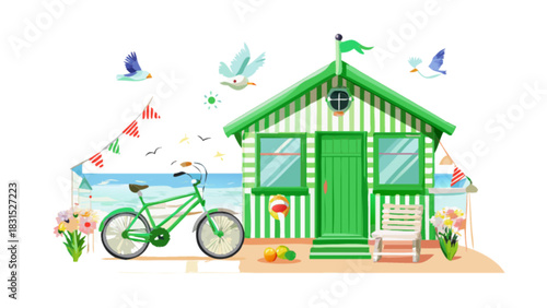 Green striped beach hut illustration on a summer day with a bicycle, beach chair, flying seagulls, beach balls, and ocean background, ideal for relaxed coastal holidays.