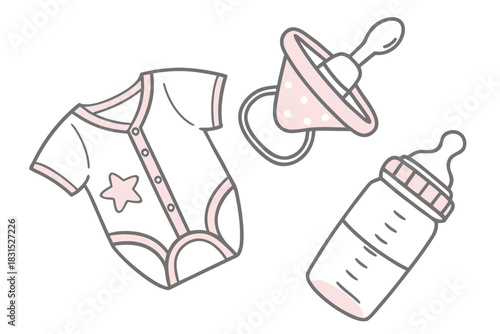 Baby Clothing and Accessories Flat Illustration with Onesie Pacifier and Bottle white