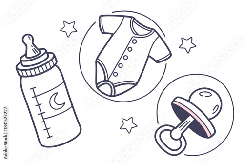 Baby Items Doodle Illustration with Onesie Bottle and Pacifier white