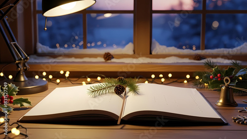 Open journal with pinecone and fairy lights on wooden table by window  