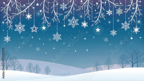 Vector christmas a winter scene with hanging snowflakes and stars over a snowy landscape with trees and a blue sky