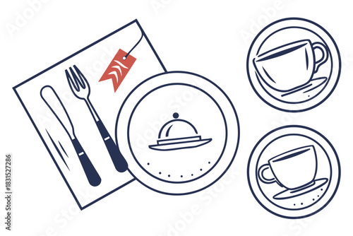 Restaurant Dining Icons with Coffee Cups and Serving Dish food service