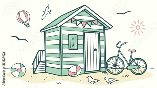 Charming cartoon beach hut with bicycle and beach elements on a sandy shore under a summer sun, perfect for travel, vacation, and leisure themes. an idyllic coastal scene illustration.