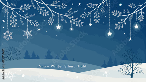 Vector christmas a serene winter night scene with hanging snowflakes and stars from frosty branches overhead in blue tones