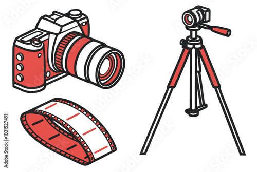 Red and Black Camera Gear and Film Strip Illustration Keywords: camera, tripod, film strip