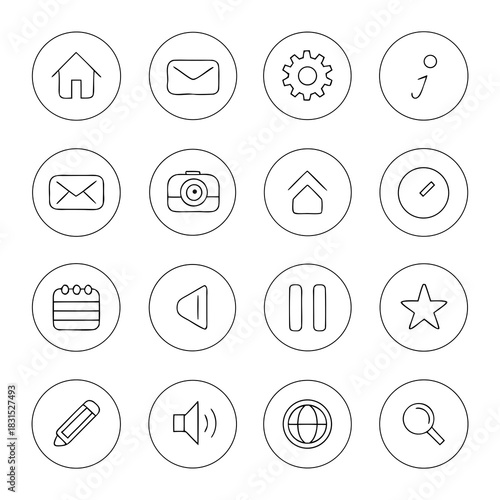 Circle Icons Set With Camera Home Mail Settings Info Keywords: icons, set, circle, graphic, design, ui