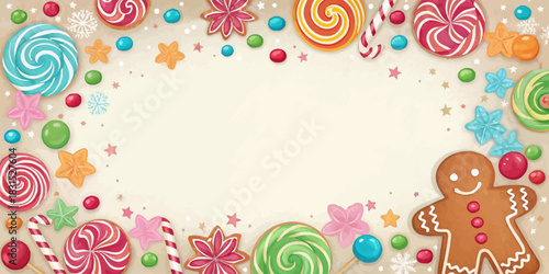 Vector christmas a festive frame of lollipops gingerbread cookies and candies surrounding a blank space for text or images