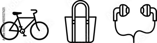 Bicycle tote bag and earphones outline icons vector set representing daily life travel and leisure