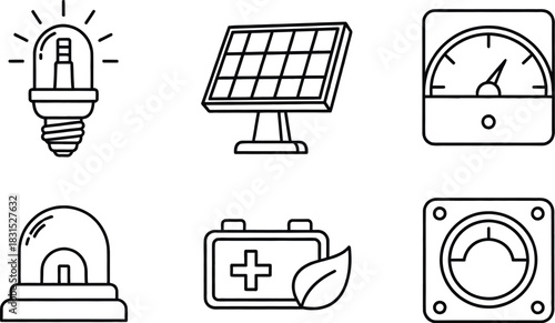 ''Six outline vector icons for weather and environmental conditions including sun, lightning, temperature, wind, humidity, and rain''
