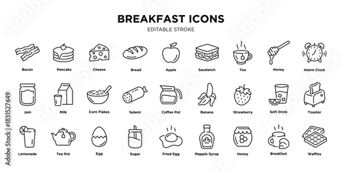Breakfast icons collection in minimalist style with editable stroke