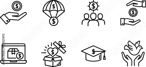 Business and finance outline vector icon set with eight different symbols for money management isolated on white background