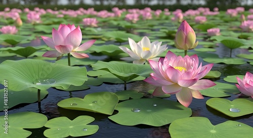 Beautiful Lotus Flowers Blooming in a Serene Pond with Green Lily Pads and Water Droplets