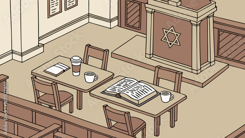 Jewish study hall interior with tables, chairs, open book, and coffee cups, featuring a bimah with the star of david, illustrating religious education and community learning.