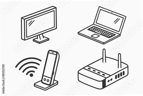 Isometric Line Art Icons of Computer Devices and Network Equipment laptop monitor