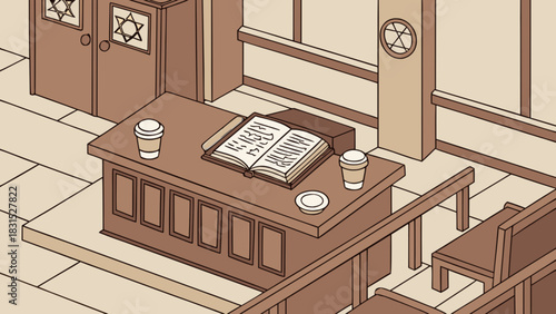 Isometric illustration of a jewish study hall or synagogue interior featuring an open holy book on a table, coffee cups, and traditional religious symbols, perfect for education and contemplation.