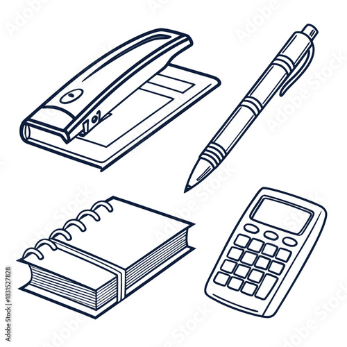 Isometric Line Art Illustrations of Office Supplies and Stationery stapler