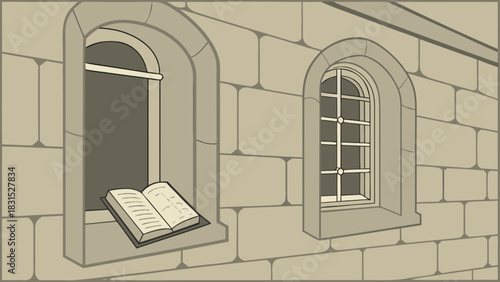 Vintage stone wall with an open arched window holding an old open book on its sill, next to a classic closed window with a decorative grid, evoking history, knowledge, and quiet study concept.